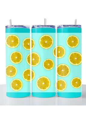 Lemon. 20 oz printed tumbler with stainless steel straw. Silicone tip.
